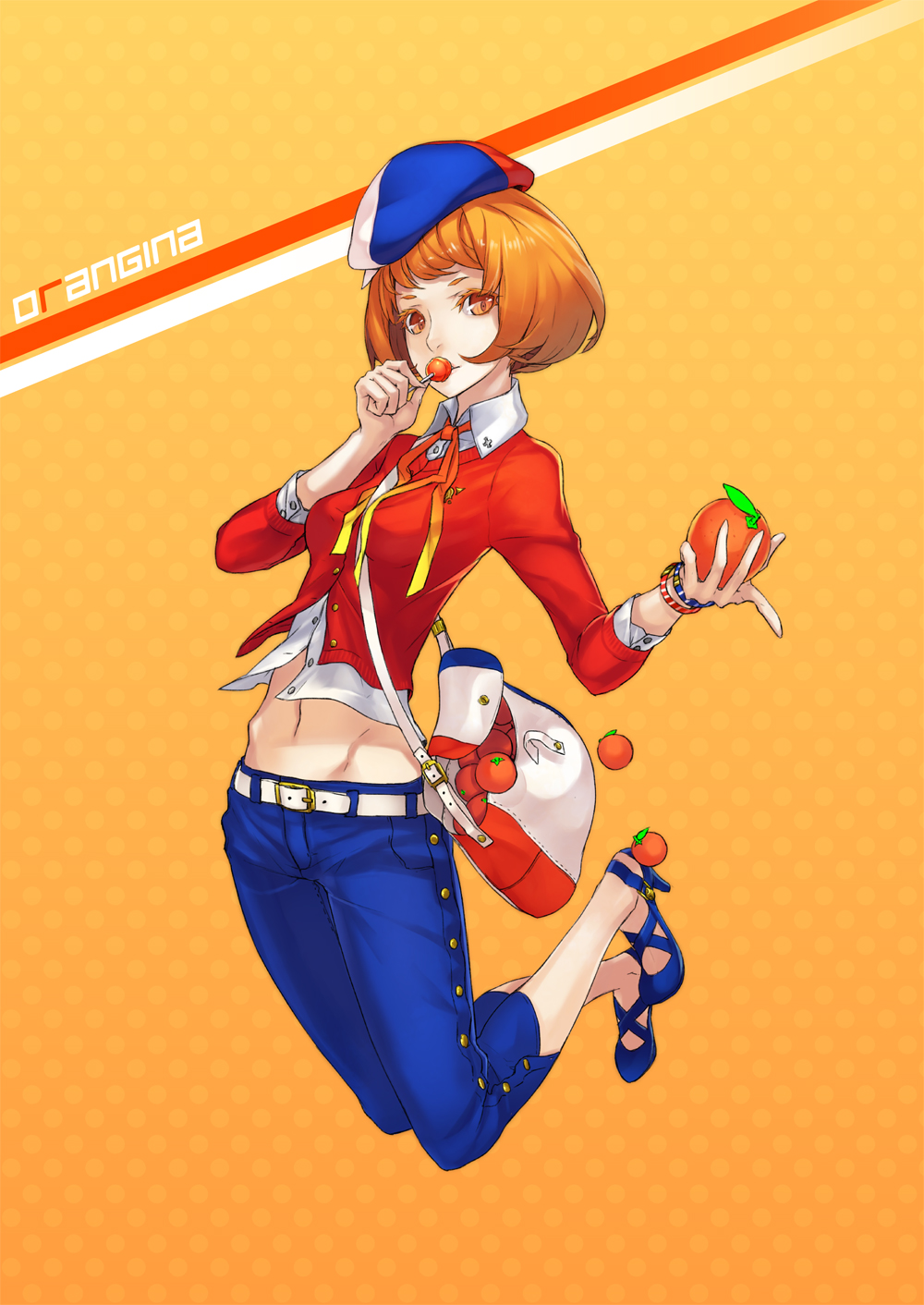 1girl belt candy food fruit highres lollipop orange orange_hair orangina short_hair solo tagme yucca-612