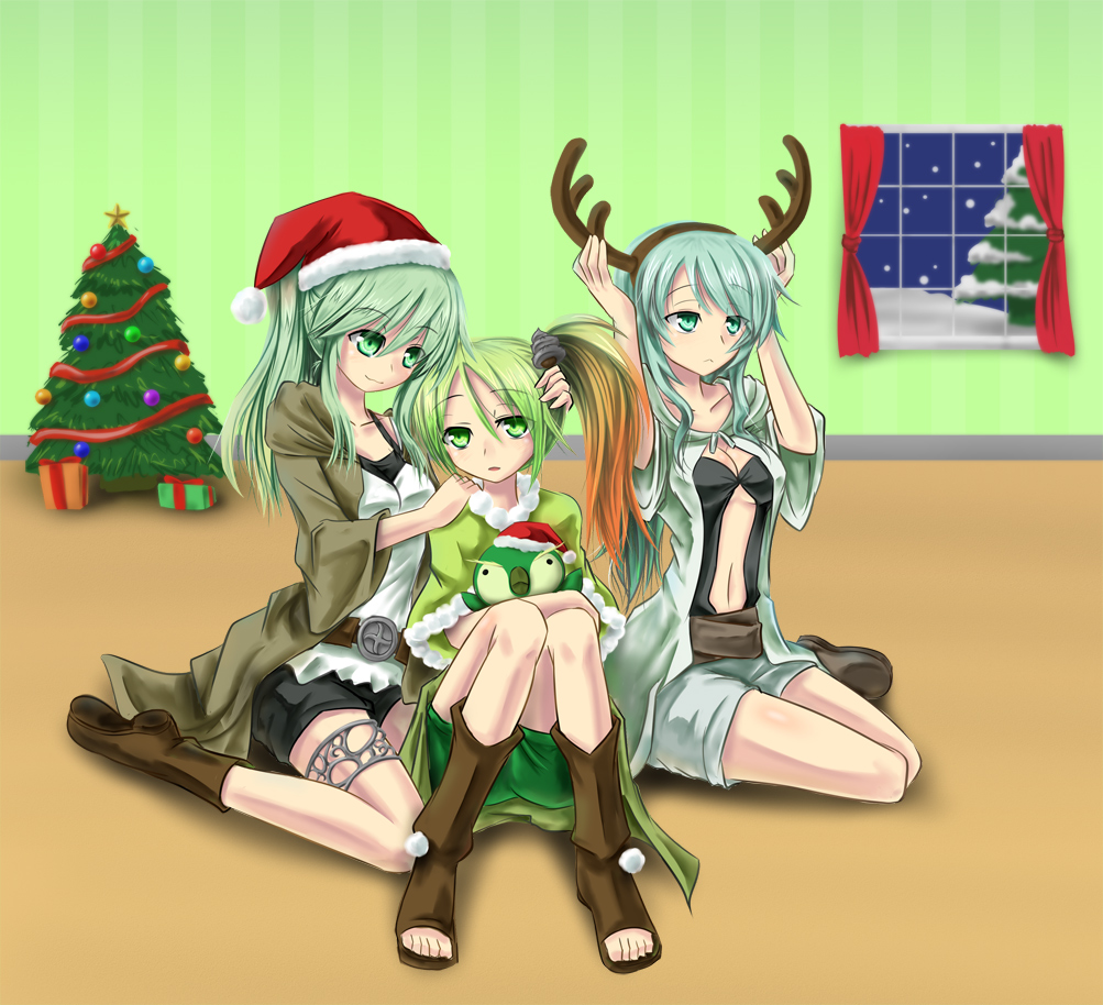 3girls :3 antlers bangs beak bird blush boots breasts caam_serenity_of_gusto child christmas christmas_ornaments christmas_tree cleavage collarbone curtains gradient_hair green_eyes green_hair hat hug kiryu264 kneeling looking_at_another midriff multicolored_hair multiple_girls navel open_mouth parted_bangs payot penguin pirika_lineage_of_gusto ponytail reindeer_antlers robe room santa_hat shoes sitting snowing swept_bangs thighlet window wynnda_miko_of_the_gusta yuu-gi-ou