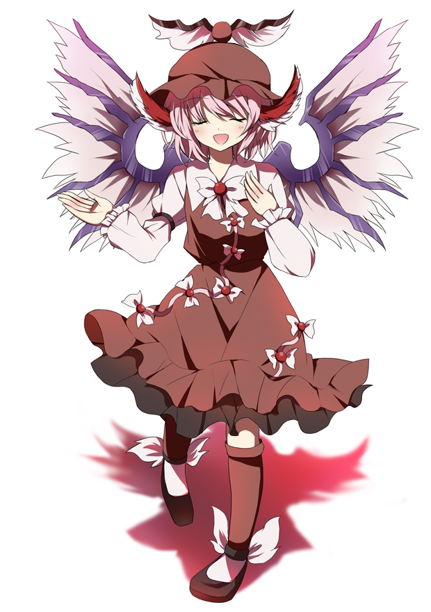 1girl armband bird_wings brown_dress closed_eyes dress facing_viewer hand_on_own_chest hat juliet_sleeves kneehighs long_sleeves mystia_lorelei nakukoroni open_mouth pink_hair puffy_sleeves raised_hand shadow short_hair simple_background solo touhou white_background