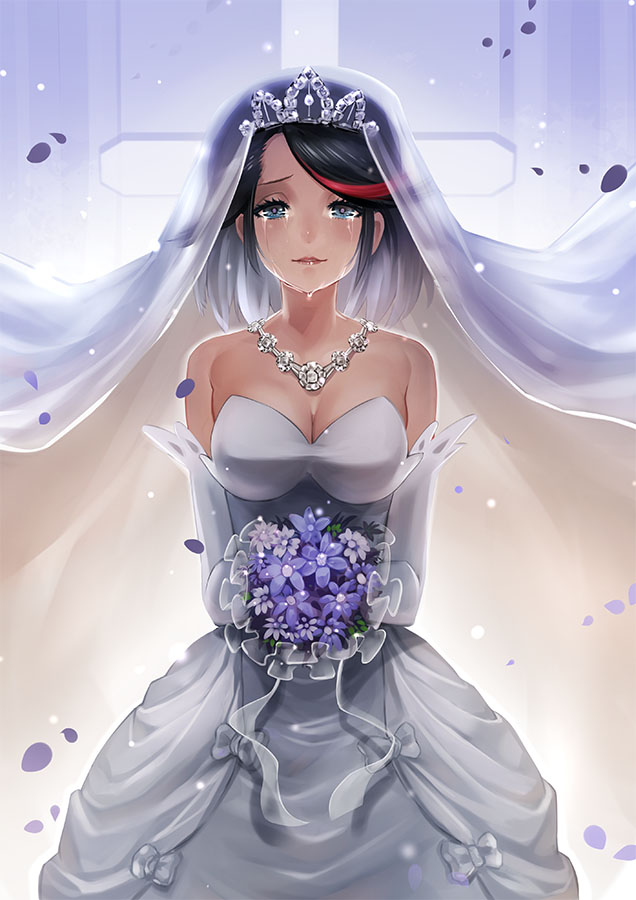 1girl black_hair blue_eyes bouquet bow breasts bridal_veil bride cleavage dress flower gloves jewelry kill_la_kill lips matoi_ryuuko necklace raijuu_(bakanara) short_hair solo tears tiara vei; veil wedding_dress