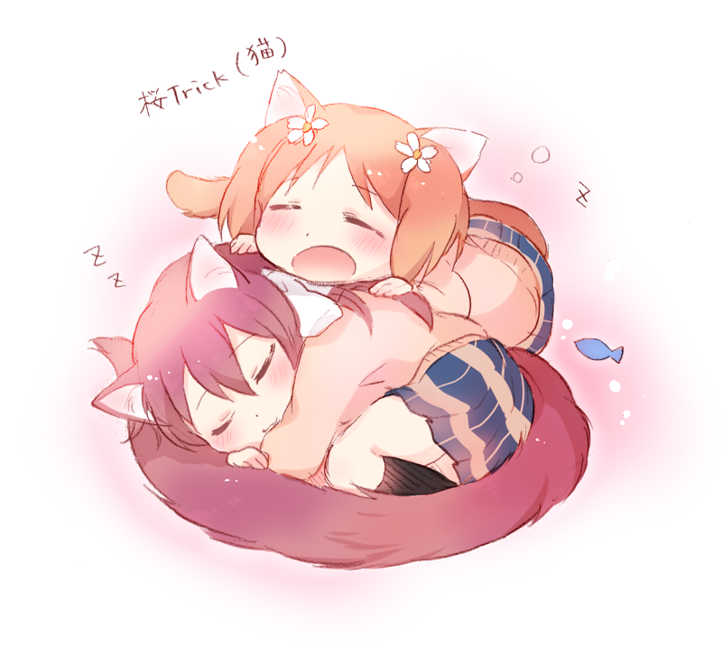 2girls animal_ears blush cat_ears cat_tail closed_eyes copyright_name flower hair_flower hair_ornament kemonomimi_mode multiple_girls open_mouth orange_hair redhead sakura_trick school_uniform short_hair skirt sleeping sonoda_yuu tail takayama_haruka tarabagani zzz