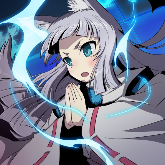 1girl animal_ears blue_eyes blush fox_ears fox_tail glowing hands_together japanese_clothes kon_(tokyo_ravens) long_hair older open_mouth ribbon-trimmed_sleeves ribbon_trim silver_hair solo spoilers tail tokyo_ravens wide_sleeves yazwo