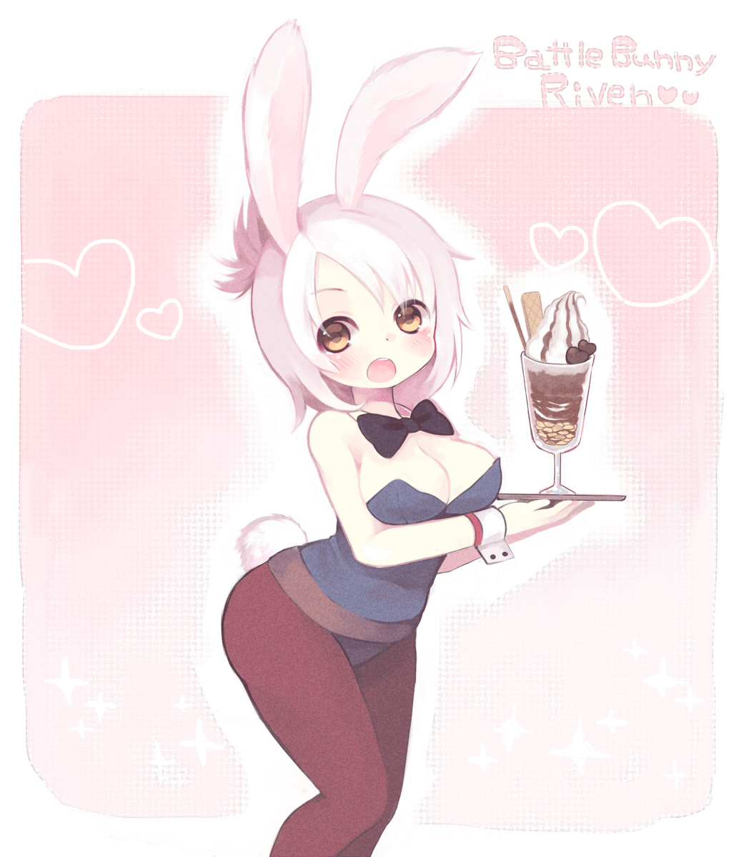 1girl alternate_costume animal_ears blush breasts brown_eyes bunny_girl bunny_tail bunnysuit character_name cleavage food highres ice_cream konatsu_miyu league_of_legends leotard open_mouth pantyhose rabbit_ears riven_(league_of_legends) short_hair solo tail white_hair