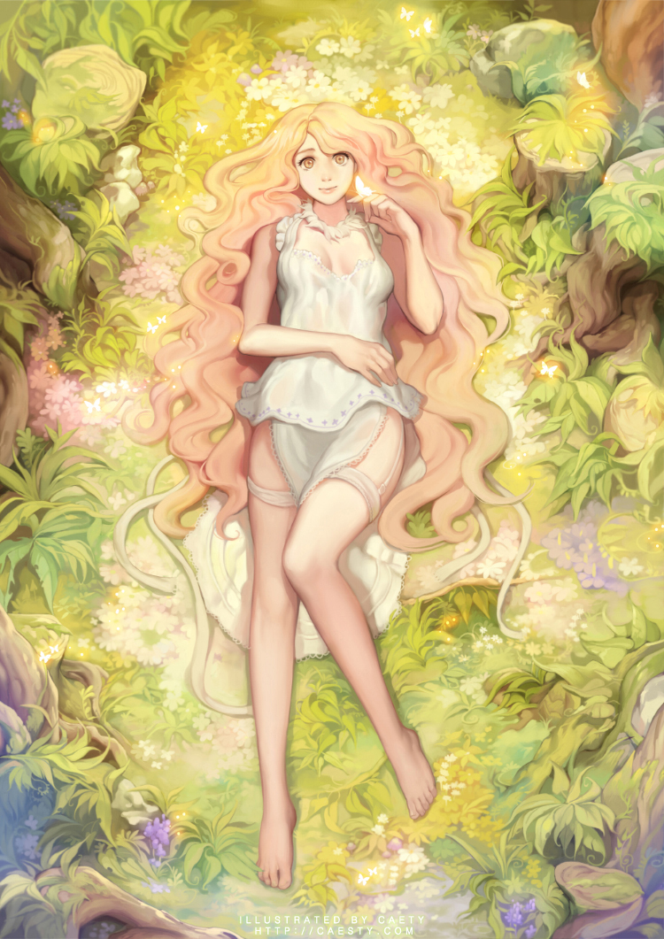 1girl apron barefoot butterfly butterfly_on_hand caesty forest garter_straps garters lingerie long_hair looking_at_viewer lying nature negligee on_back orange_eyes pink_hair small_breasts toes tree_stump underwear very_long_hair waist_apron watermark web_address