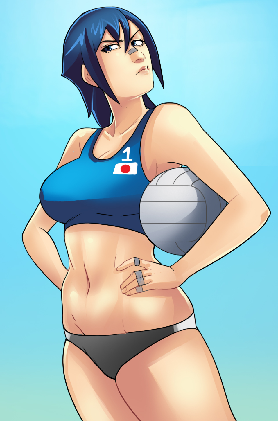 1girl ayuhara_natsu bandaid bandaid_on_nose beach_volleyball blue_eyes blue_hair breasts cleavage g138 highres rival_schools rival_schools:_united_by_fate short_hair solo swimsuit tankini volleyball