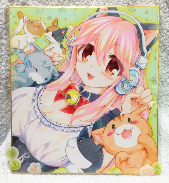 1girl :3 :d animal_ears blush breasts cat cat_ears cleavage headphones kurimochi_chizuru large_breasts long_hair looking_at_viewer nitroplus open_mouth pink_hair red_eyes smile solo super_sonico traditional_media