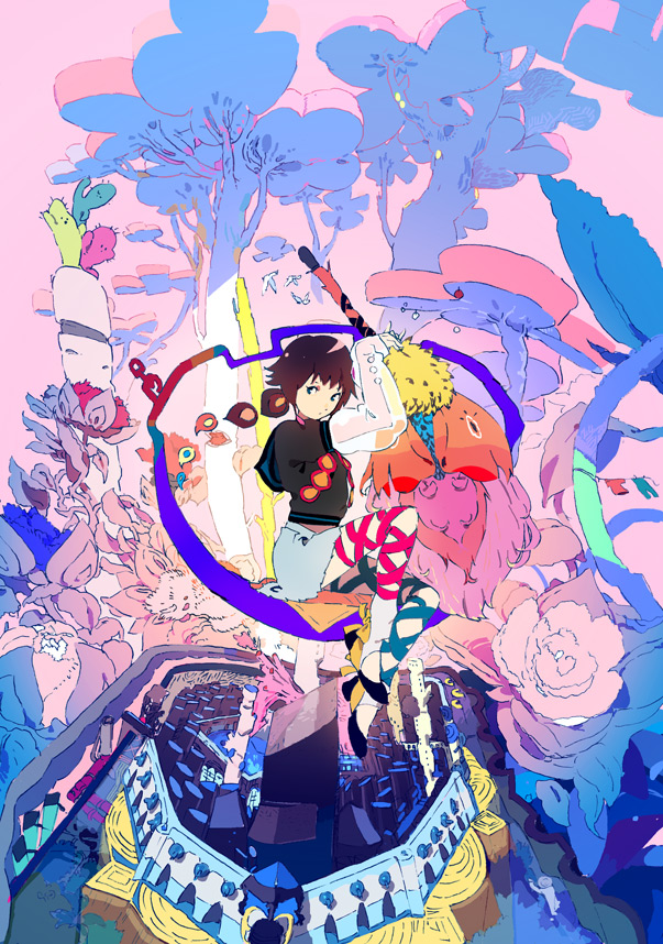 1girl abstract arched_back bird bow braid brown_hair cactus clothesline colorful flower leaf long_hair looking_at_viewer original plant ribbon sailor_collar see-through single_braid sitting skirt solo stirrup_thighhighs thighhighs tree uichi white_legwear