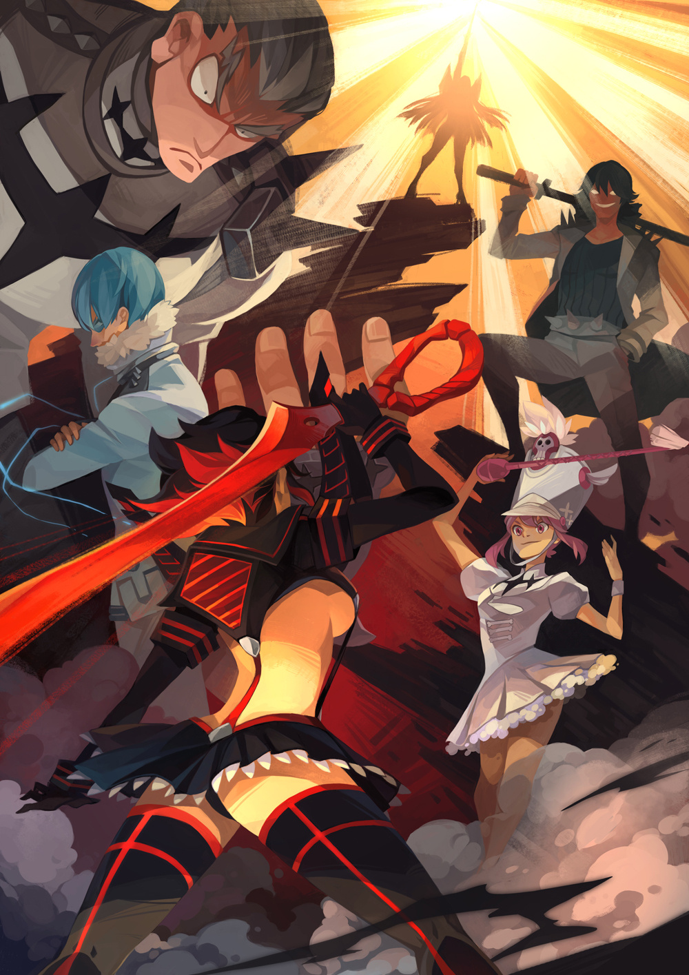 baton black_hair boots breasts gamagoori_ira hat highres inumuta_houka jakuzure_nonon kill_la_kill kiryuuin_satsuki matoi_ryuuko microskirt multicolored_hair onisakiyoruka over_shoulder redhead revealing_clothes sanageyama_uzu scissor_blade senketsu shako_cap shinai short_hair skirt suspenders sword thigh-highs thigh_boots two-tone_hair under_boob weapon weapon_over_shoulder