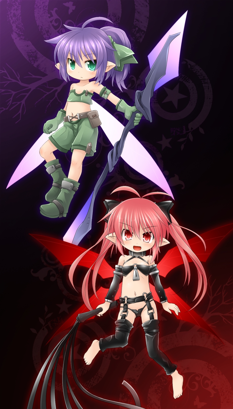 2girls :d ahoge antenna_hair bare_shoulders barefoot black_panties boots bow cat_o'_nine_tails collar detached_sleeves fairy garter_belt gloves green_eyes hair_bow highres kso midriff multiple_girls navel open_mouth original panties pink_hair polearm ponytail pouch purple_hair red_eyes shorts smile tagme twintails underwear weapon wings