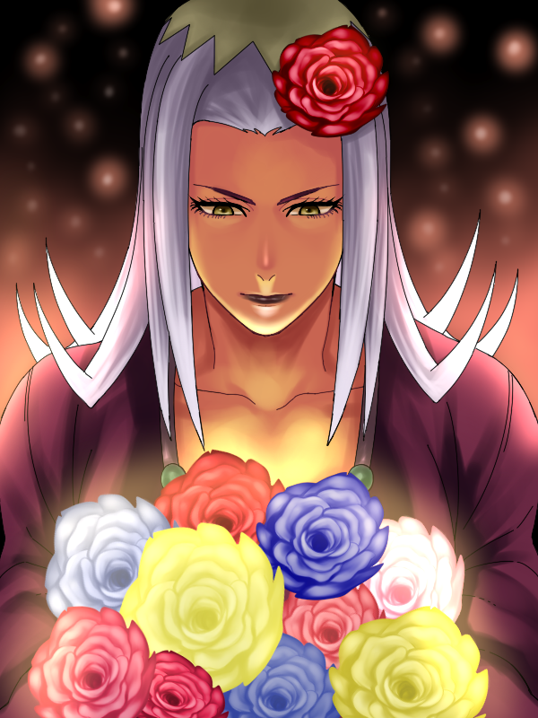 1boy 359-1059 carnation flower grey_hair hat jojo_no_kimyou_na_bouken leone_abbachio lipstick long_hair makeup solo