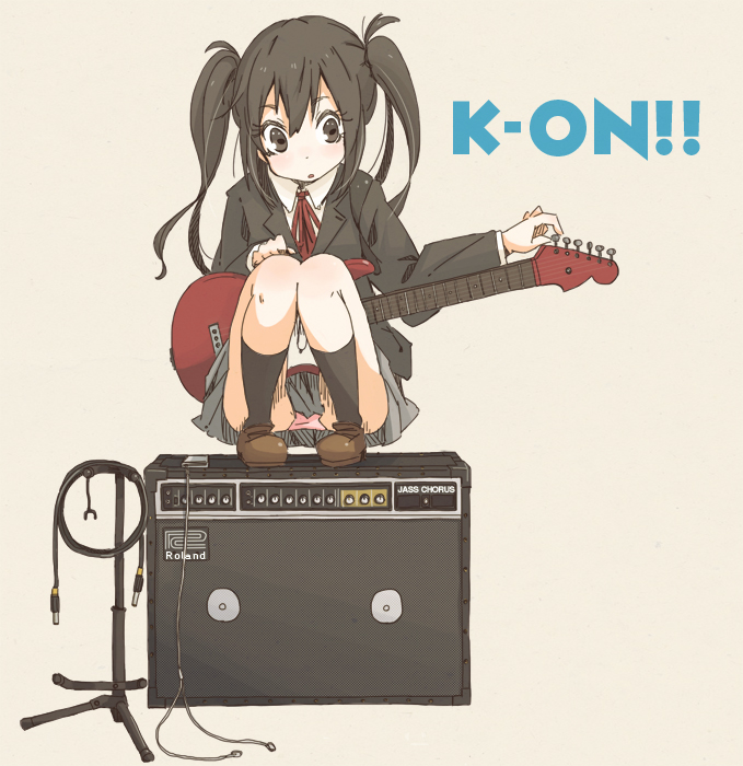 amplifier black_eyes black_hair electric_guitar guitar ichinose_(ktmnn) instrument k-on! long_hair nakano_azusa panties pantyshot school_uniform twintails underwear