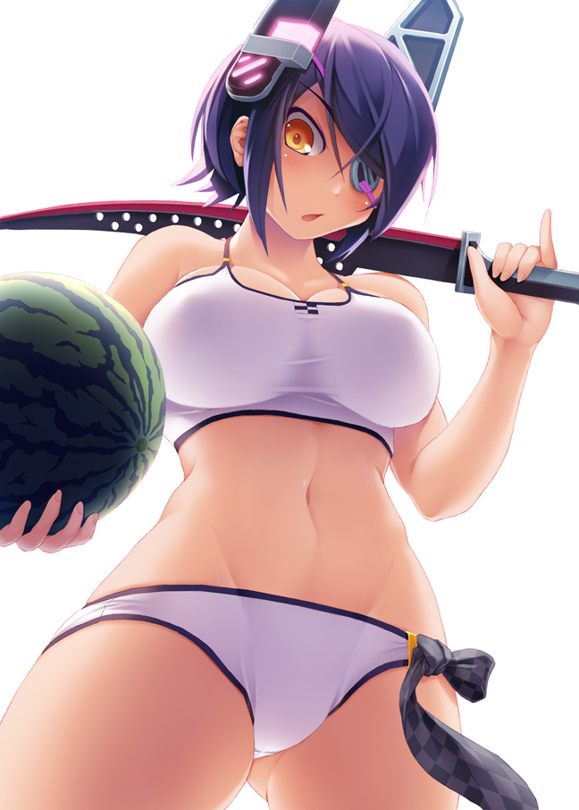 1girl bikini breasts cleavage eyepatch food from_below fruit gluteal_fold headgear kantai_collection large_breasts looking_at_viewer looking_down open_mouth purple_hair school_uniform short_hair simple_background solo swimsuit sword syacyo tenryuu_(kantai_collection) watermelon weapon white_background white_bikini yellow_eyes