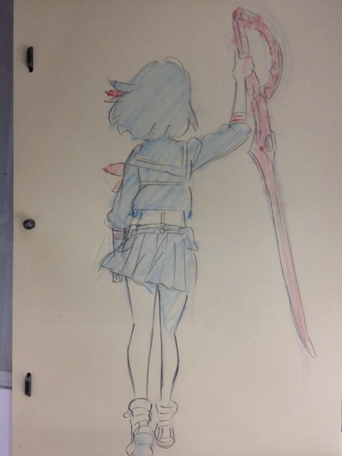 1girl from_behind graphite_(medium) kill_la_kill matoi_ryuuko official_art school_uniform scissor_blade senketsu serafuku shoes short_hair skirt sneakers sushio traditional_media weapon