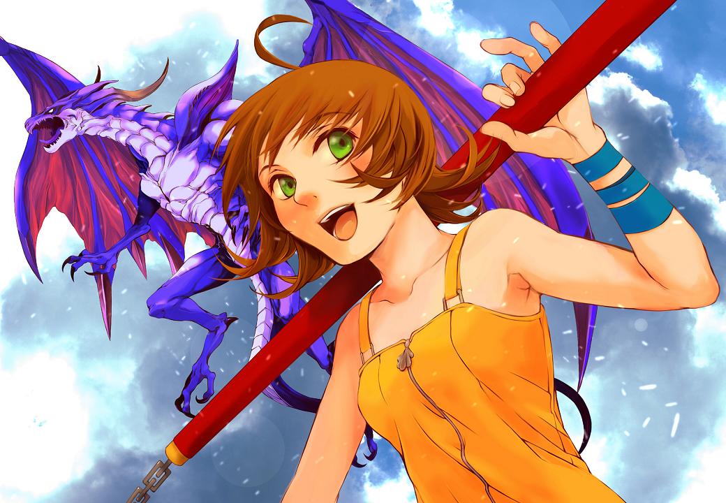 1girl :d ahoge bahamut brown_hair claws collarbone d-maker dragon final_fantasy final_fantasy_viii green_eyes nunchaku open_mouth selphie_tilmitt smile weapon wings