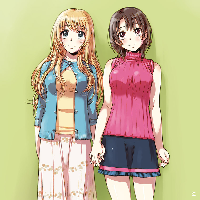 2girls atago_(kantai_collection) blonde_hair blue_eyes blush brown_hair casual green_background holding_hands kantai_collection long_hair long_skirt looking_at_viewer multiple_girls personification pink_eyes same simple_background skirt sleeveless smile standing takao_(kantai_collection) yuri