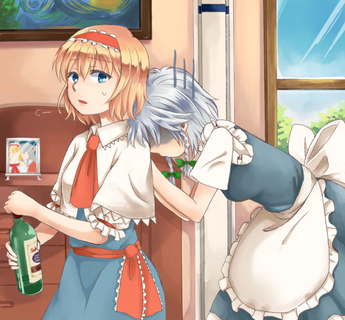 2girls alice_margatroid apron bent_over blonde_hair blue_eyes bottle bow braid capelet chest_of_drawers dress gloom_(expression) hair_bow hairband head_on_shoulder hijiki_(hijiri_st) indoors izayoi_sakuya leaning_on_person lolita_hairband looking_at_viewer multiple_girls no_headwear painting_(object) parted_lips photo_(object) picture_frame ribbon sash shaded_face shinki short_hair short_sleeves silver_hair sweatdrop touhou touhou_(pc-98) twin_braids waist_apron window