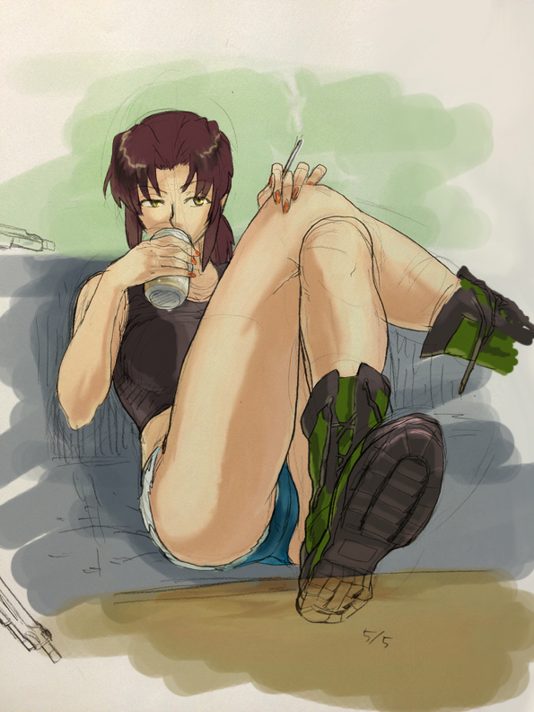 1girl alcohol beer black_lagoon boots breasts brown_eyes brown_hair cigarette denim denim_shorts drinking long_hair ponytail revy shorts solo tank_top youken