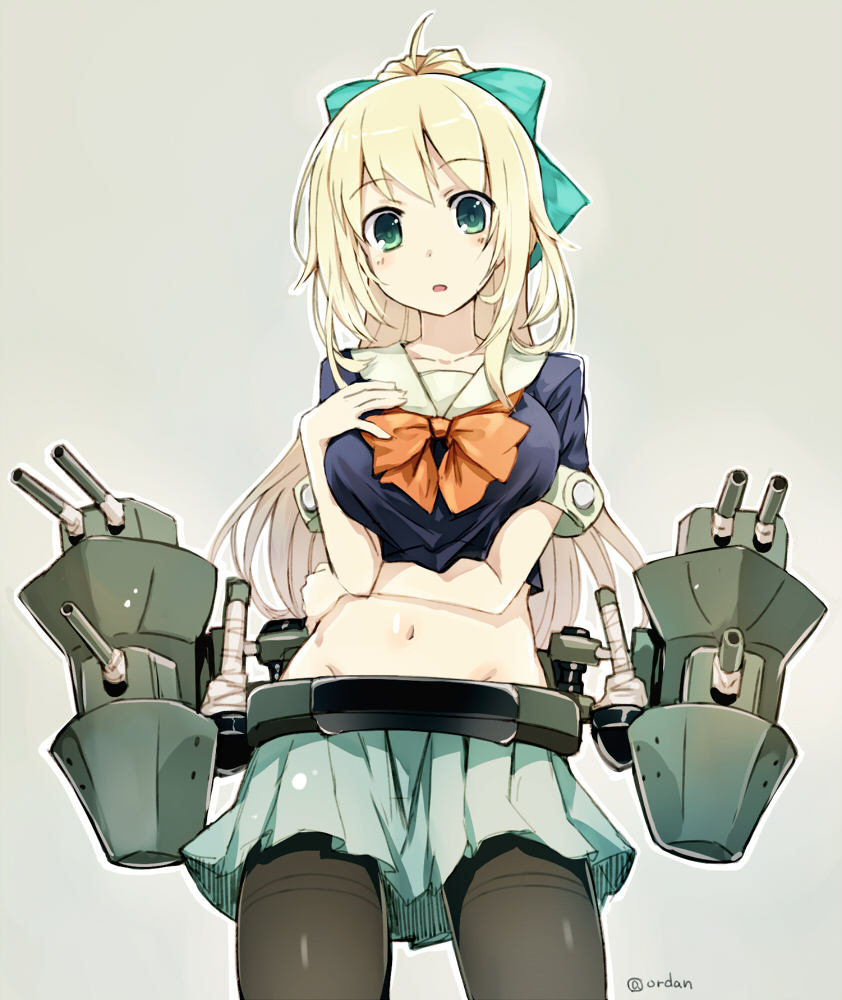 1girl alternate_hairstyle atago_(kantai_collection) black_legwear blonde_hair bow breast_hold cannon green_eyes hair_bow hand_on_own_chest kantai_collection long_hair mecha_musume midriff navel open_mouth orda pantyhose pleated_skirt ponytail school_uniform serafuku skirt solo thighband_pantyhose turret yuubari_(kantai_collection) yuubari_(kantai_collection)_(cosplay)