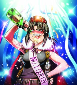 1girl alcohol black_hair black_lagoon blush bottle breasts cape champagne chibi confetti crown drinking drunk fingerless_gloves gloves hand_on_hip hiroe_rei lowres ponytail revy sash solo