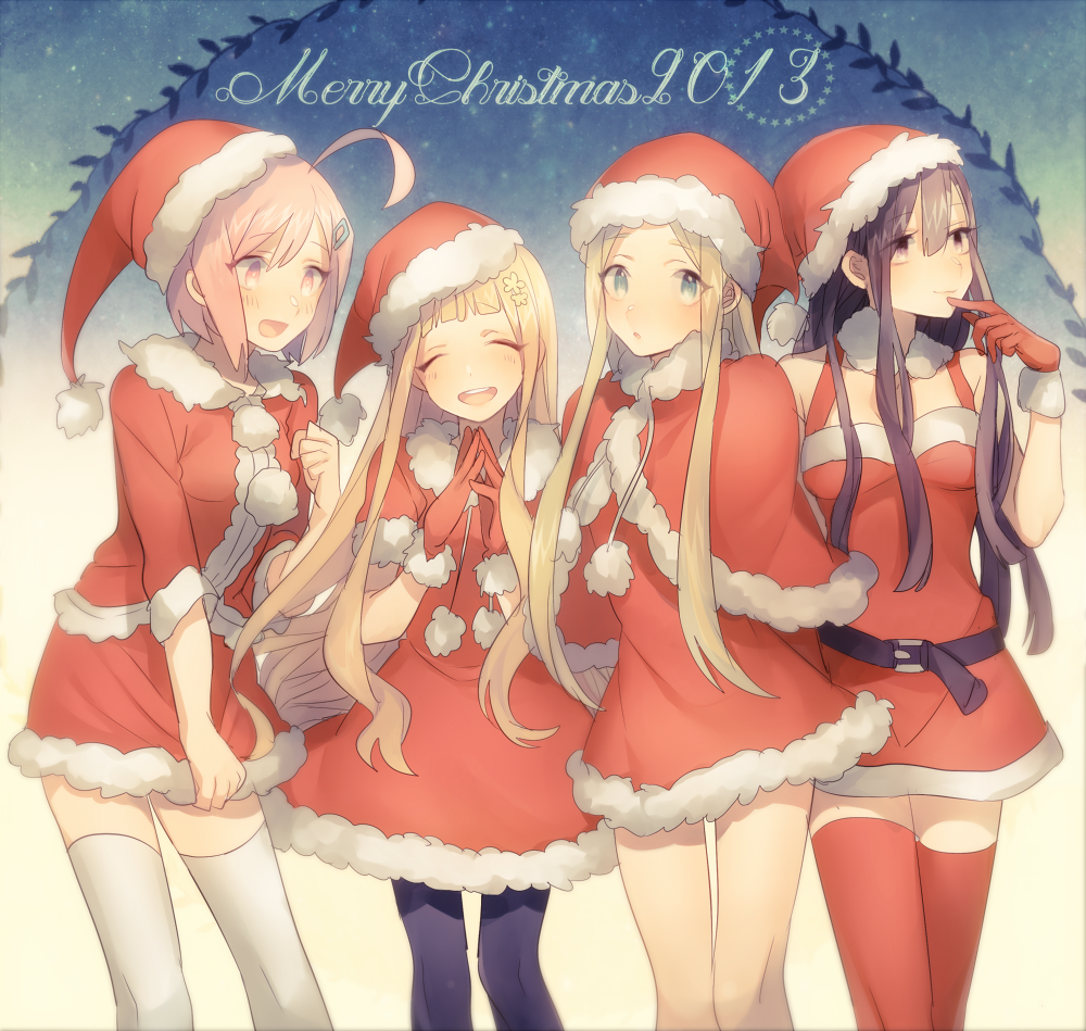 4girls ahoge asuda blonde_hair costume gloves hair_ornament hairpin hat long_hair multiple_girls pantyhose pink_eyes pink_hair red_eyes red_gloves santa_costume santa_hat thigh-highs