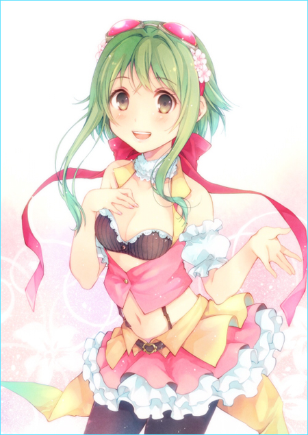 1girl :d black_legwear blush bra breasts cleavage detached_sleeves frilled_skirt frills green_hair gumi hair_ribbon hand_on_own_chest midriff navel open_mouth ousaka_nozomi pantyhose puffy_detached_sleeves puffy_sleeves ribbon skirt smile solo underwear vocaloid
