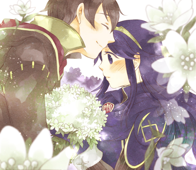 1boy 1girl blue_eyes blue_gloves blue_hair blurry bouquet brown_hair cape closed_eyes colored_eyelashes couple depth_of_field fire_emblem fire_emblem:_kakusei flower forehead_kiss gloves height_difference hetero holding hooded_jacket isa_(chiyo-s) jacket kiss long_hair long_sleeves lucina mark_(fire_emblem) nintendo profile smile striped tiara vertical_stripes white_background