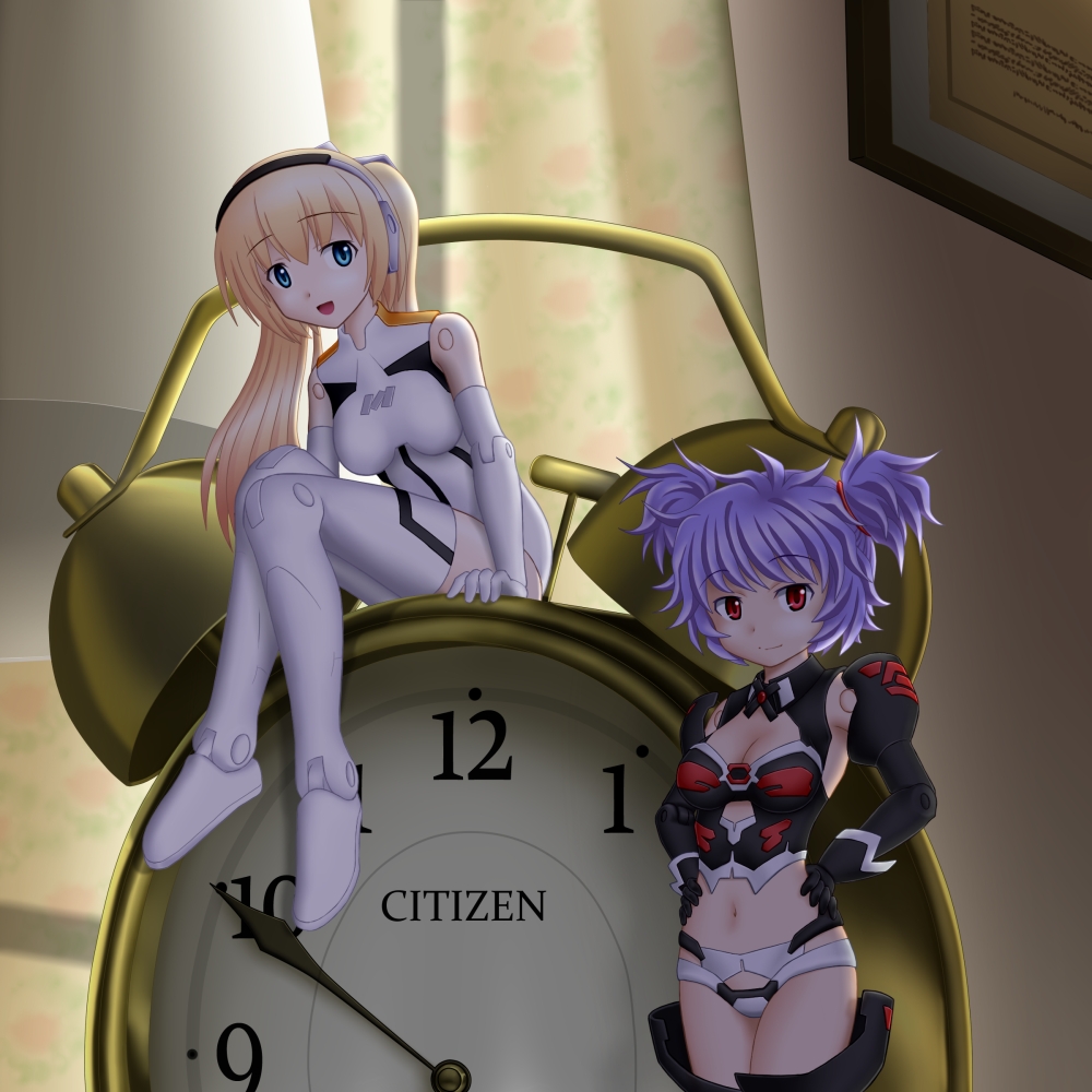 2girls alarm_clock altines arnval bare_shoulders blonde_hair blue_eyes breasts busou_shinki cleavage clock curtains dark doll_joints hand_on_hip headband indoors long_hair looking_at_viewer midriff minigirl multiple_girls mushoku_no_hourousha navel open_mouth purple_hair red_eyes short_hair short_twintails sitting smile thighhighs twintails