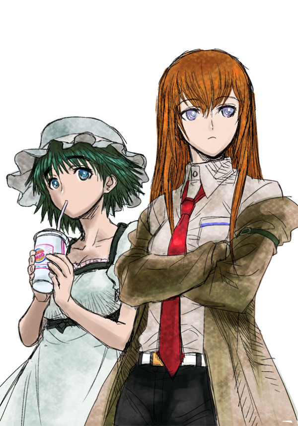 2girls blue_eyes brown_hair burger_king crossed_arms dress drink drinking drinking_straw green_hair hat hiroe_rei long_hair makise_kurisu multiple_girls necktie shiina_mayuri short_hair steins;gate