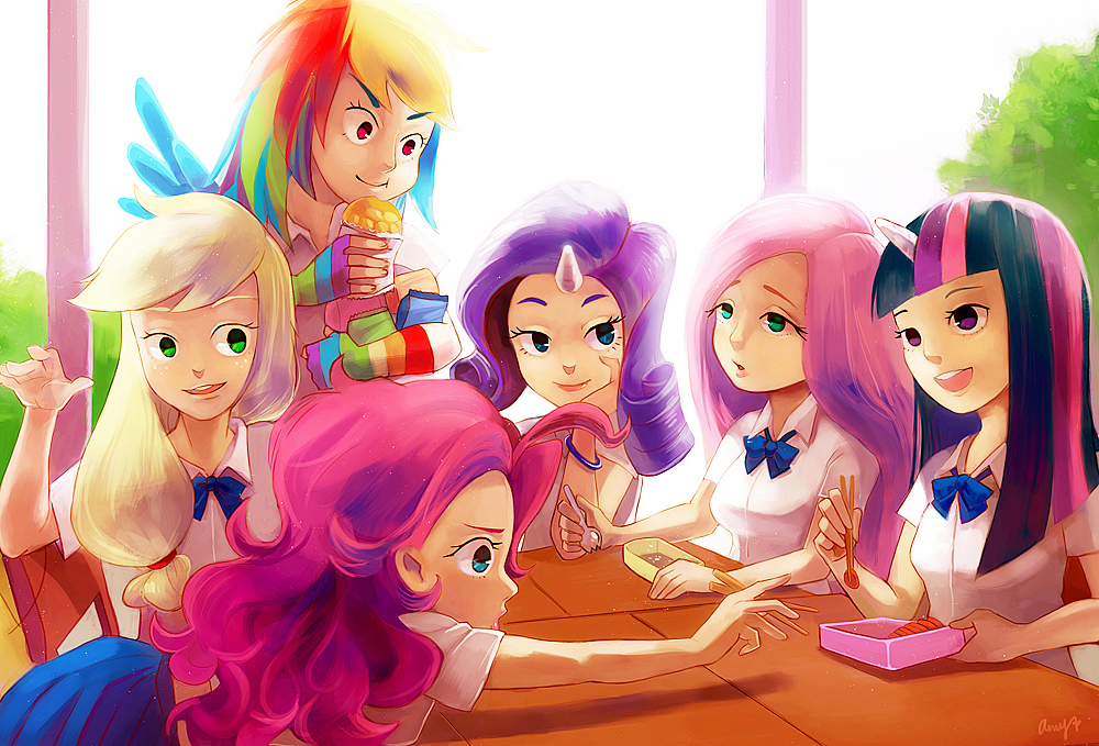 6+girls amy30535 applejack backlighting blonde_hair chopsticks eating fingerless_gloves fluttershy fork friends gloves horn long_hair multicolored_hair multiple_girls my_little_pony my_little_pony_friendship_is_magic no_hat obentou personification pink_hair pinkie_pie purple_hair rainbow_dash rainbow_hair rarity school_uniform twilight_sparkle