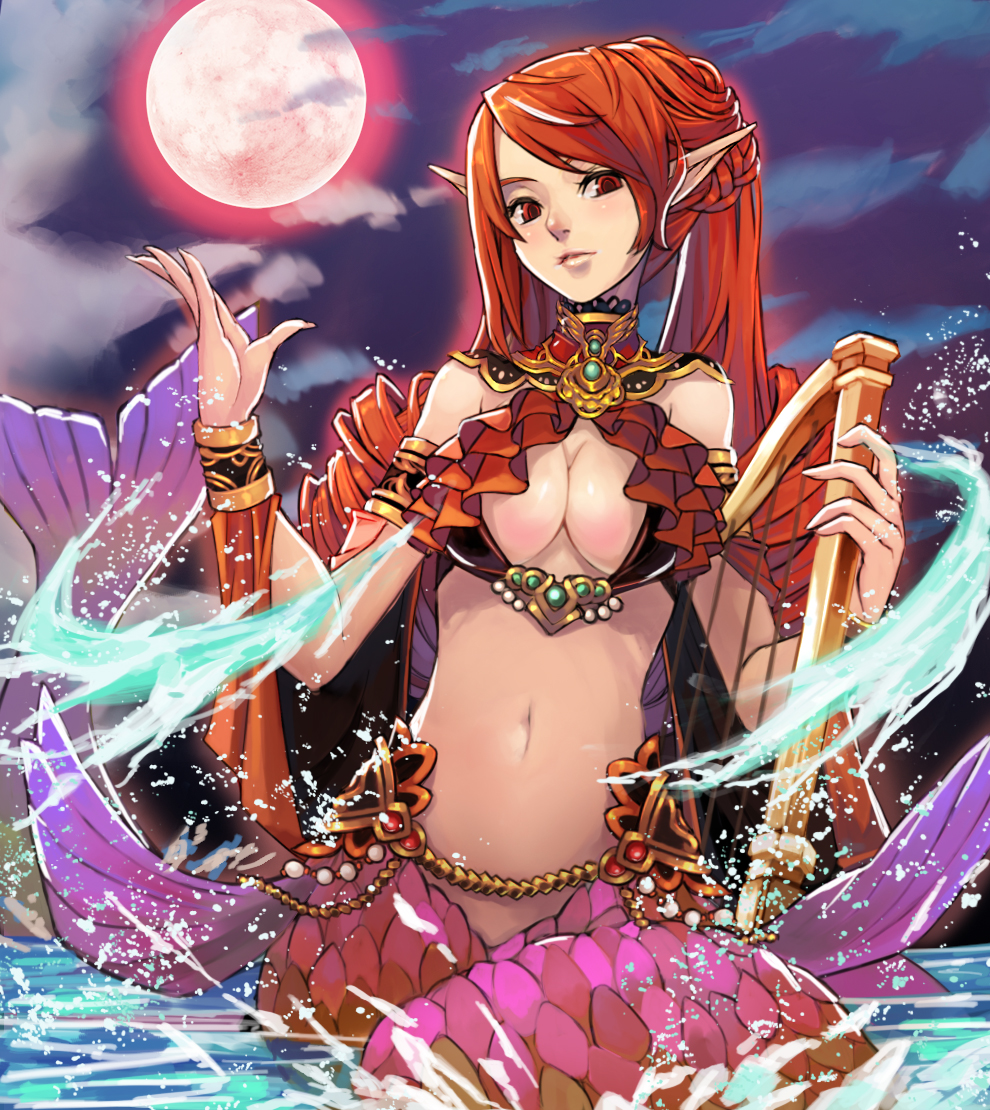 1girl breasts cleavage drill_hair harp instrument large_breasts lips long_hair looking_at_viewer mermaid monster_girl moon navel original pointy_ears qbspdl red_eyes red_moon redhead solo