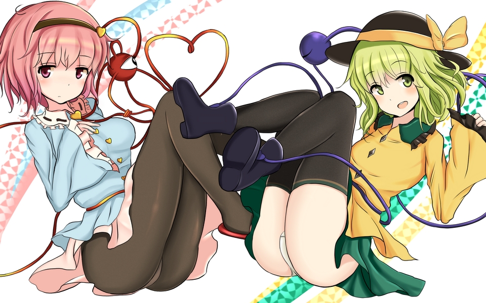 2girls :d ass blush boots breasts buttons embarrassed expressionless flat_chest green_eyes green_hair hairband hat hat_ribbon komeiji_koishi komeiji_satori long_sleeves looking_at_viewer lying multiple_girls open_mouth oversized_clothes panties panties_under_pantyhose pantyhose pantyshot pantyshot_(lying) pink_eyes pink_hair ribbon shirt siblings sisters sitting skirt smile thigh-highs third_eye touhou underwear white_panties wide_sleeves zibun_owl