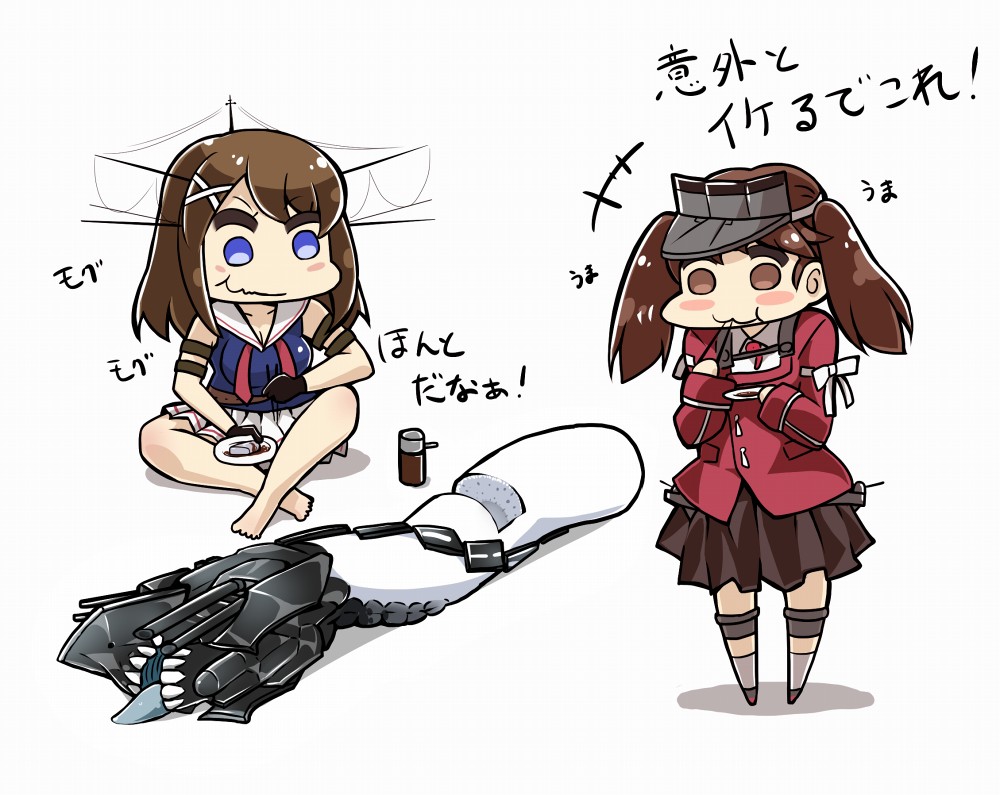 2girls :3 :t blue_eyes blush_stickers brown_eyes brown_hair chopsticks eating kantai_collection maya_(kantai_collection) multiple_girls re-class_battleship ryuujou_(kantai_collection) simple_background sitting skirt soy_sauce tail_removed tanaka_kusao translation_request twintails visor_cap white_background