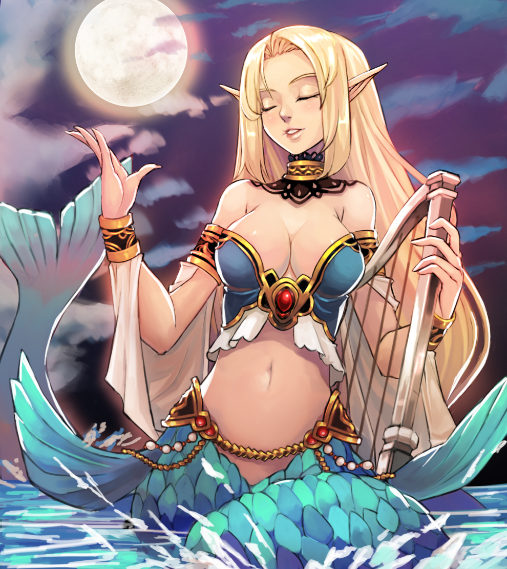 1girl bare_shoulders blonde_hair breasts cleavage closed_eyes large_breasts lips long_hair mermaid monster_girl moon navel original parted_lips qbspdl smile solo