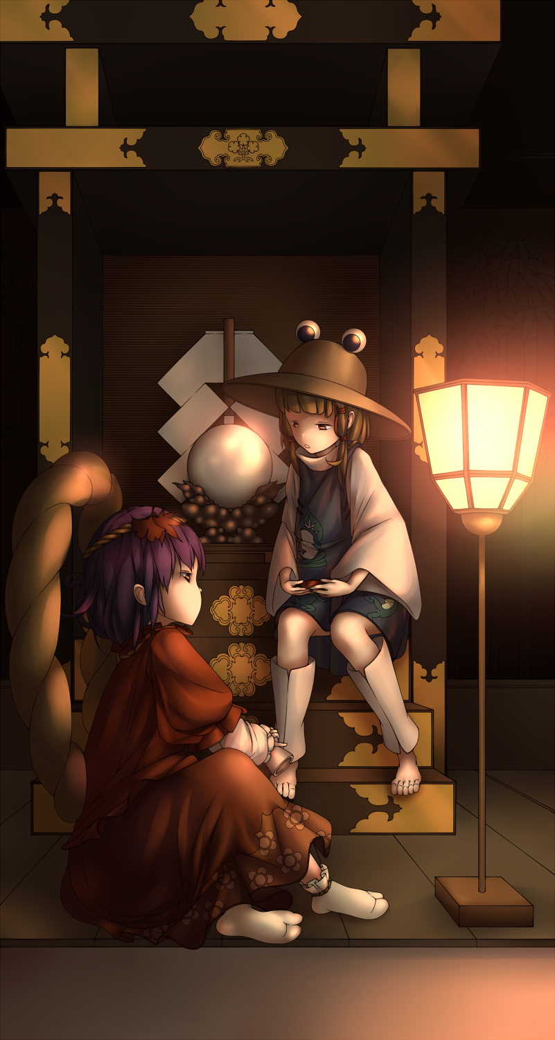 2girls barefoot blonde_hair blouse brown_eyes ears expressionless hair_ornament highres lamp long_sleeves looking_at_another moriya_suwako multiple_girls payot purple_hair rope shimenawa short_hair shrine sitting skirt tabi takefr09 touhou wide_sleeves yasaka_kanako