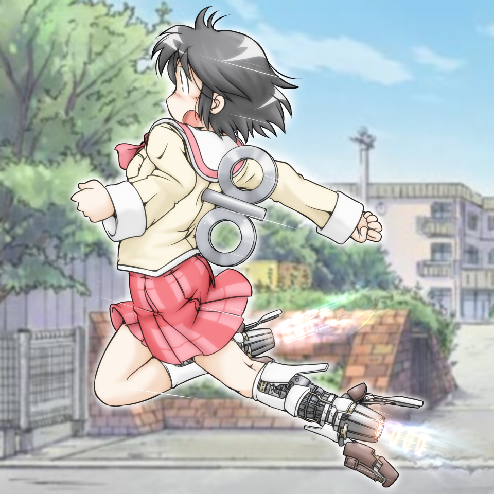 009_re:cyborg 1girl android black_eyes black_hair blurry brick_wall building bush crossover cyborg_009 depth_of_field fence flying gaketsu mechanical_foot nichijou road school school_uniform shinonome_nano short_hair street thrusters tree winding_key