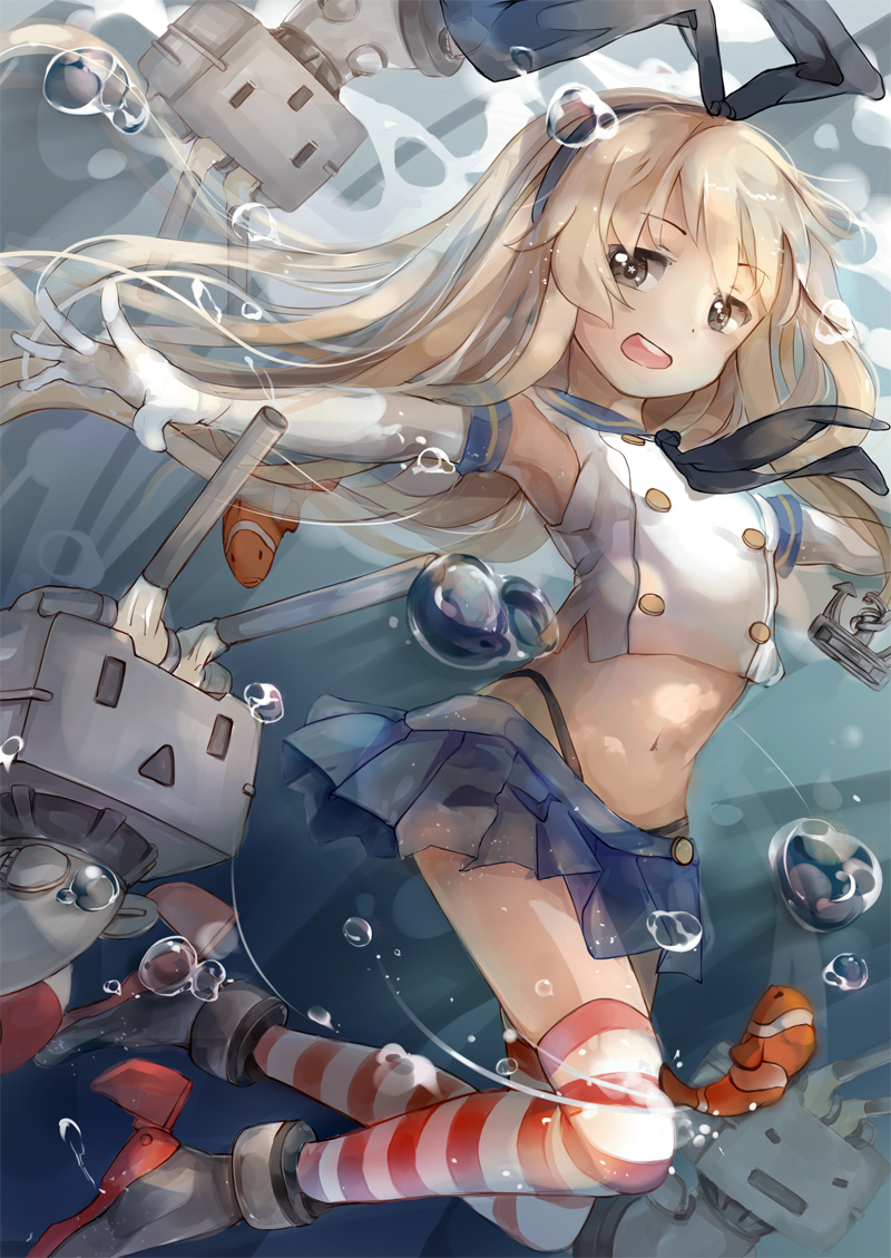 anchor blonde_hair brown_eyes bubble elbow_gloves fish gloves hairband ivy1993 kantai_collection long_hair navel open_mouth outstretched_arms personification rensouhou-chan shimakaze_(kantai_collection) skirt striped striped_legwear thigh-highs underwater white_gloves