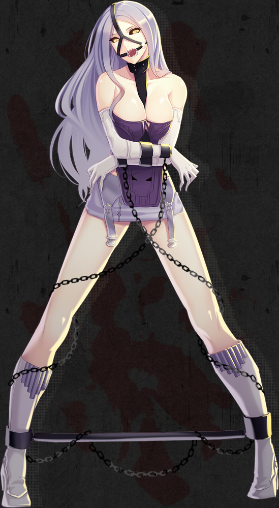 1girl belinda black_sclera boots bound_wrists breasts chain cleavage corset crossed_arms cuffs elbow_gloves gagged gloves ktsis large_breasts long_hair looking_at_viewer purple_hair ring_gag shackles solo spread_legs spreader_bar unlight yellow_eyes