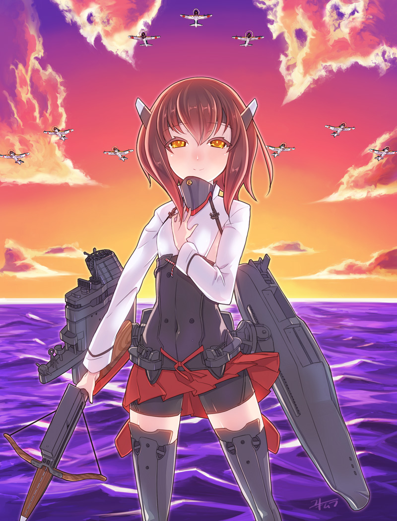 1girl bike_shorts blush brown_eyes brown_hair commentary_request kantai_collection looking_at_viewer personification pleated_skirt short_hair skirt smile solo taihou_(kantai_collection) thighhighs yukimura_tsubame