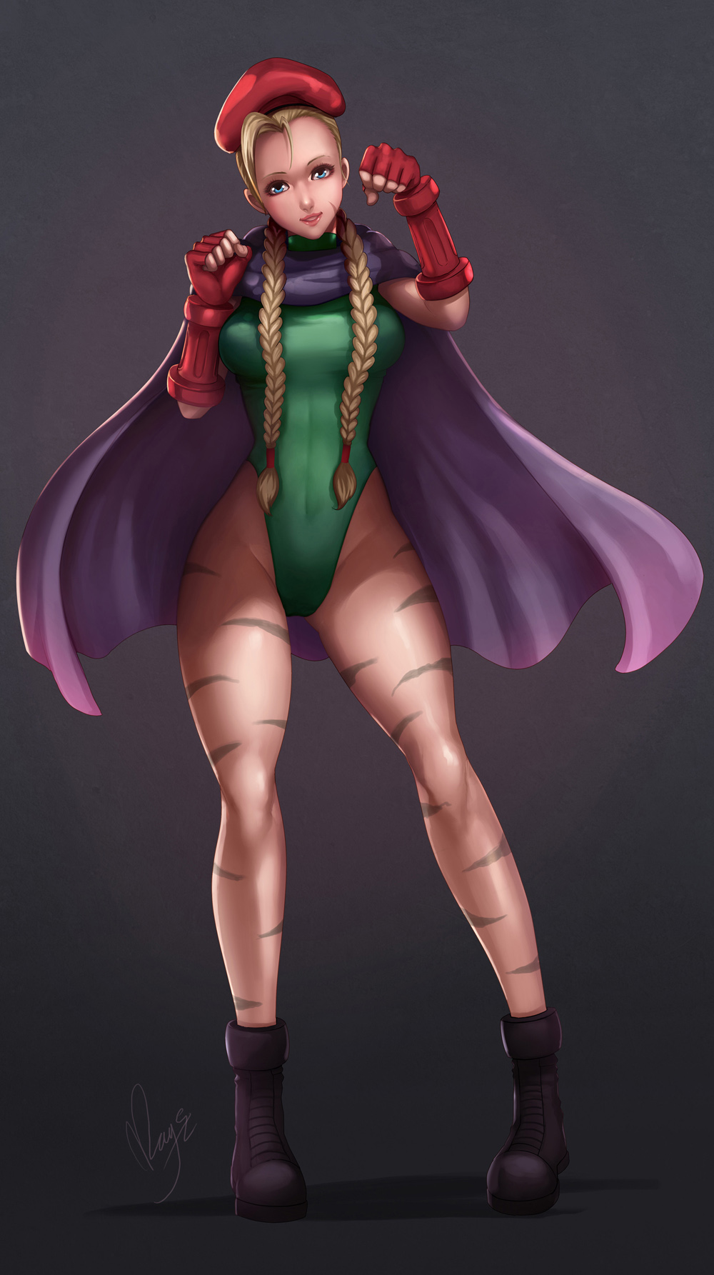 1girl antenna_hair beret blonde_hair blue_eyes braid breasts cammy_white camouflage cape fingerless_gloves full_body gloves hat head_tilt highres leotard lips long_hair magion02 paw_pose scar solo street_fighter thick_thighs thighs twin_braids