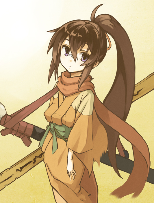 1girl ahoge bandage_on_nose bandages brown_hair expressionless gradient gradient_background hair_between_eyes hair_ornament huge_weapon ichi_hachi_rei_rei japanese_clothes kimono long_hair patches ponytail scarf simple_background torn_clothes violet_eyes weapon yellow_background