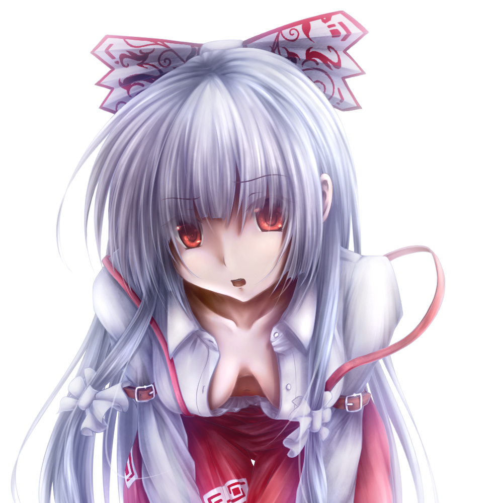 1girl bow breasts breasts_apart collarbone down_blouse fujiwara_no_mokou hair_bow hanging_breasts husky_(artist) leaning_forward long_hair long_sleeves looking_at_viewer no_bra open_mouth payot red_eyes shirt silver_hair simple_background solo suspenders touhou unbuttoned white_background white_shirt