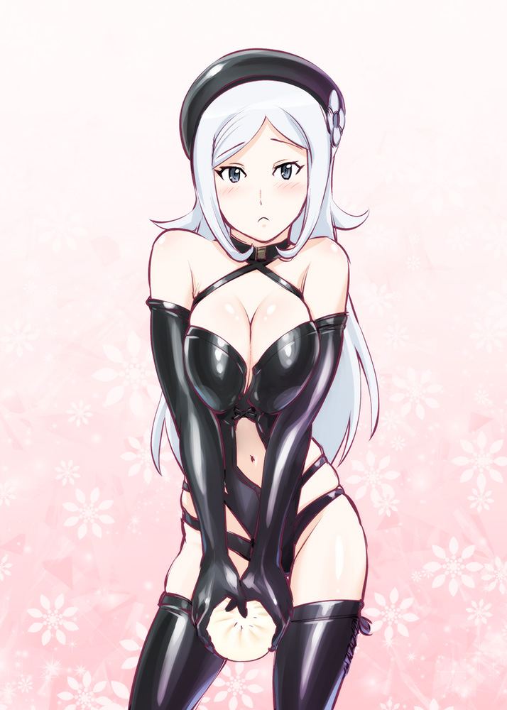 1girl aila_jyrkiainen bare_shoulders blush bondage_outfit breasts cleavage food frown gundam gundam_build_fighters hat large_breasts long_hair navel nikuman silver_hair solo thigh-highs ueyama_michirou violet_eyes
