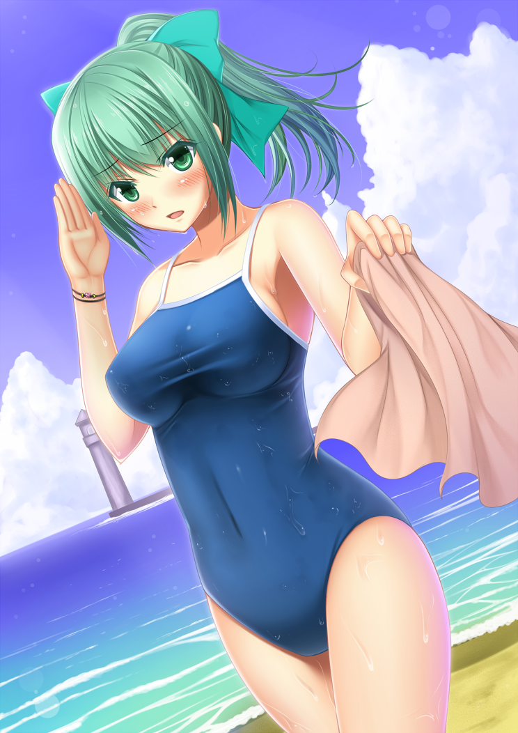 1girl alternate_costume beach blush bow breasts clouds covered_navel green_eyes green_hair hair_bow hair_ornament kantai_collection large_breasts lighthouse looking_at_viewer one-piece_swimsuit personification ponytail salute shibata_kuru sky solo swimsuit wet yuubari_(kantai_collection)