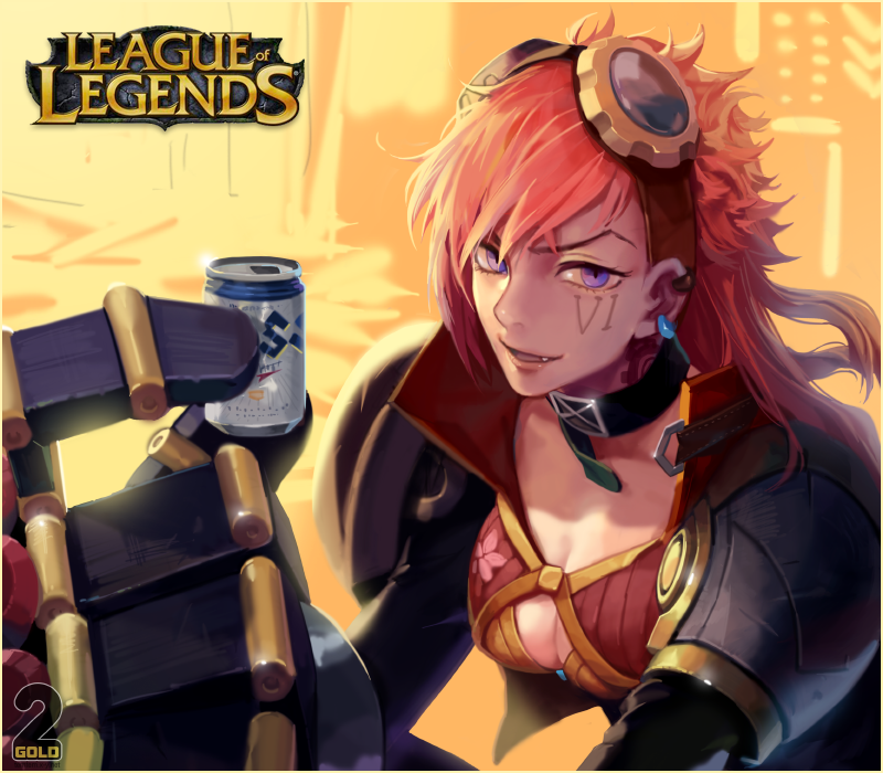 1girl 2gold blue_eyes breasts cleavage copyright_name drink earrings fangs goggles jewelry league_of_legends long_sleeves looking_at_viewer mechanical_arm mechanical_arms open_mouth pink_hair smile solo vi_(league_of_legends)