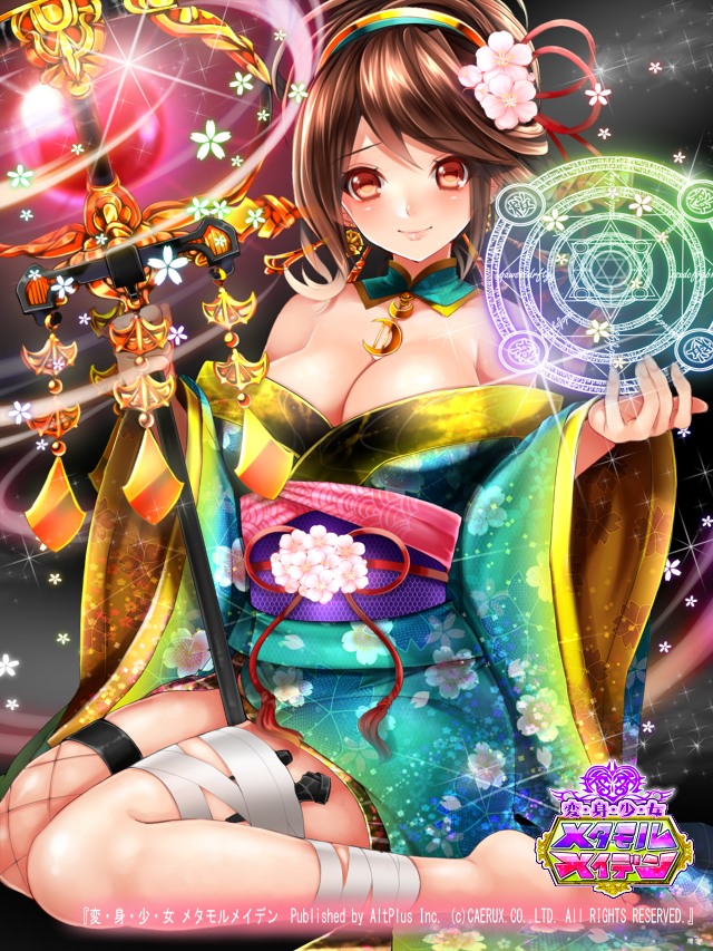 1girl bare_shoulders barefoot breasts brown_eyes brown_hair choker cleavage earrings fishnet_legwear fishnets floral_print flower hair_flower hair_ornament hairband holster japanese_clothes jewelry kanzaki_maguro kimono large_breasts long_sleeves looking_at_viewer magic_circle obi off_shoulder original pendant polearm sash single_thighhigh sitting smile solo sparkle thigh-highs thigh_holster wariza weapon wide_sleeves
