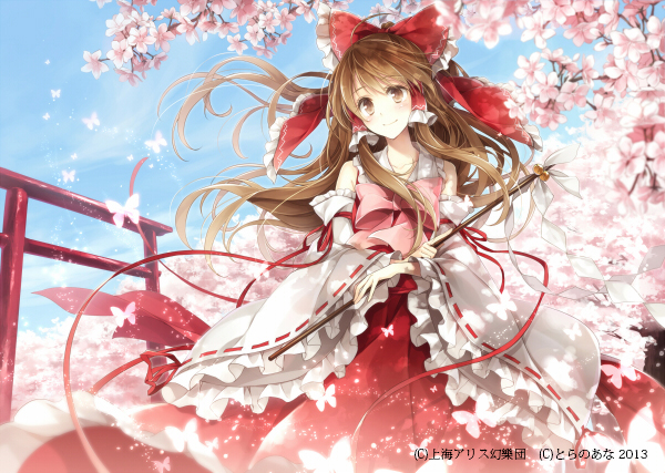 1girl amber_eyes arm_ribbon bare_shoulders blue_sky bow brown_eyes brown_hair butterfly cherry_blossoms clouds detached_sleeves dress hagiwara_rin hair_bow hair_tubes hakurei_reimu long_hair long_sleeves nontraditional_miko red_dress sky smile solo torii touhou tree very_long_hair wind