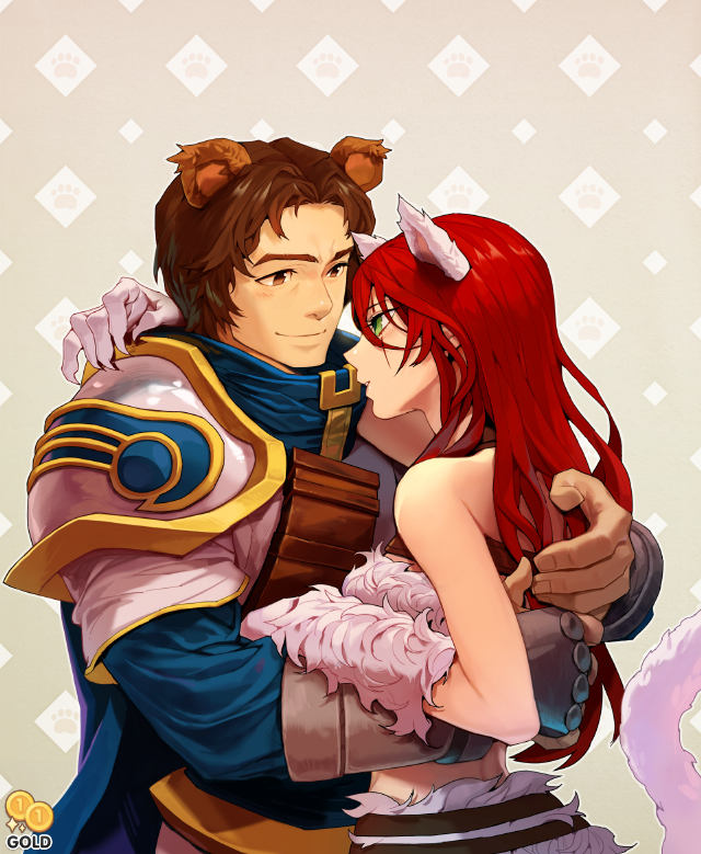 1boy 1girl 2gold alternate_costume animal_ears armor bear_ears brown_eyes brown_hair cat_ears cat_tail claws couple fur garen_crownguard green_eyes hug katarina_du_couteau league_of_legends long_hair looking_at_another open_mouth paws redhead scar short_hair smile tail