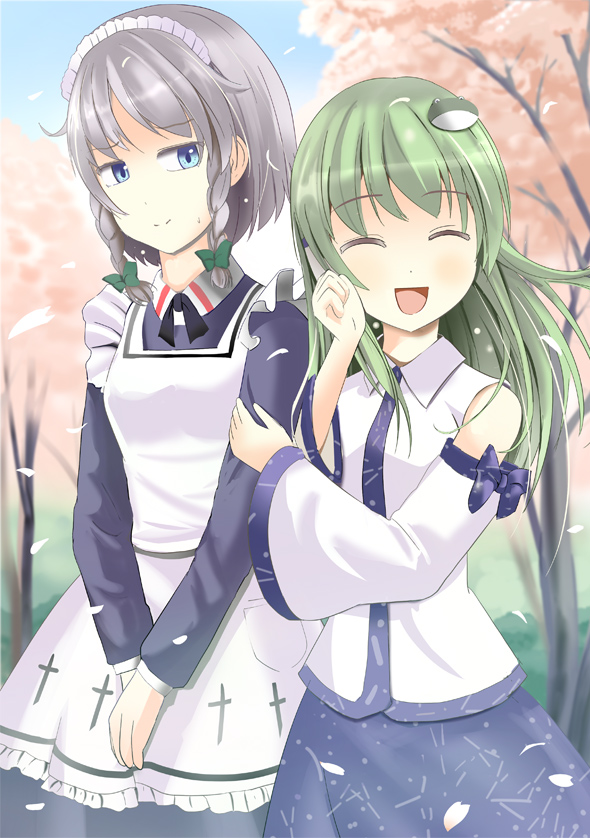 2girls a_(aaaaaaaaaaw) apron arm_holding blue_eyes bow braid cherry_blossoms closed_eyes detached_sleeves frog_hair_ornament green_hair hair_bow hair_ornament hand_on_own_face hands_together izayoi_sakuya kochiya_sanae light_smile long_hair long_sleeves looking_at_another maid_headdress multiple_girls open_mouth outdoors short_hair side_glance silver_hair skirt skirt_set sweatdrop touhou tree twin_braids v_arms