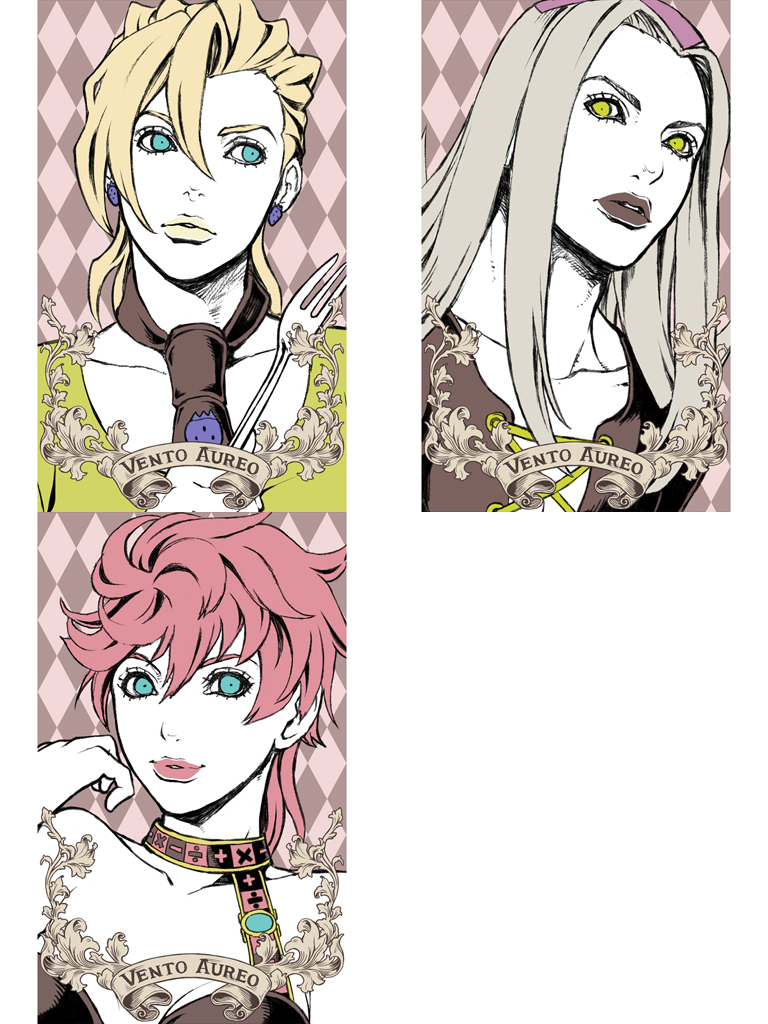 1girl 2boys blonde_hair blue_eyes chounorin grey_hair jojo_no_kimyou_na_bouken leone_abbachio lips multiple_boys pannacotta_fugo pink_hair trish_una yellow_eyes