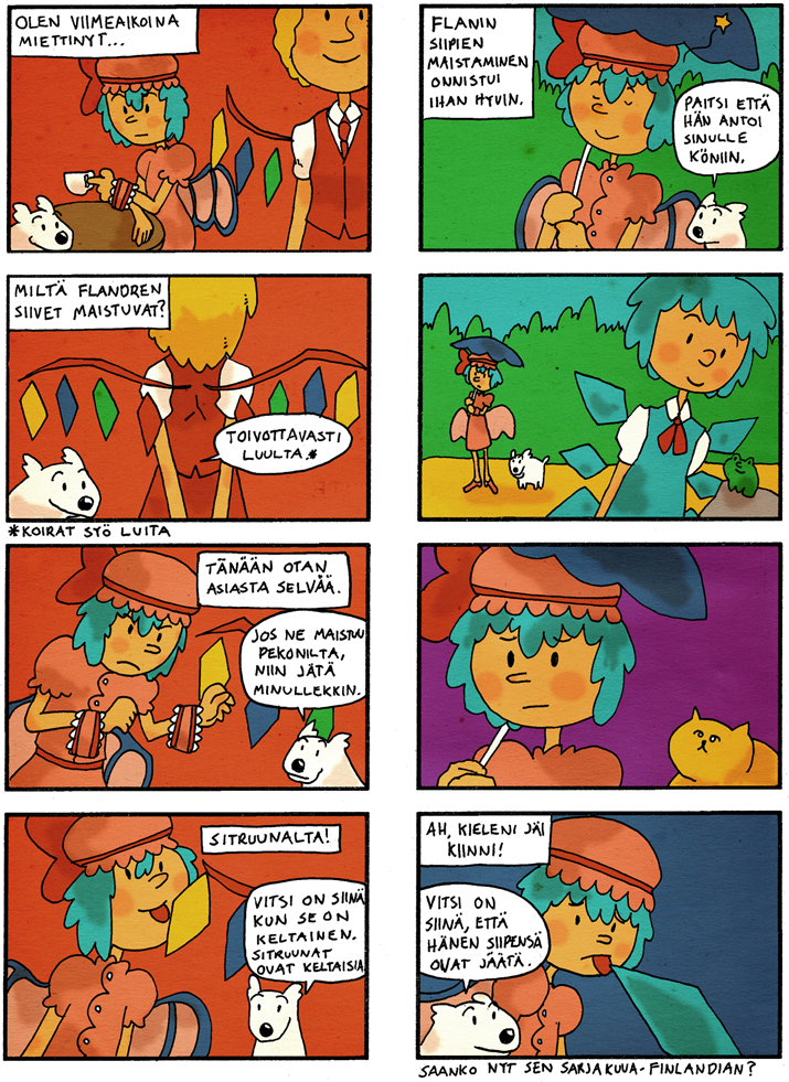 4koma artist_self-insert blonde_hair blue_hair cat cirno comic dog finnish flandre_scarlet frog herge_(style) licking milou_(tintin) multiple_4koma parasol parody remilia_scarlet setz style_parody tintin touhou umbrella